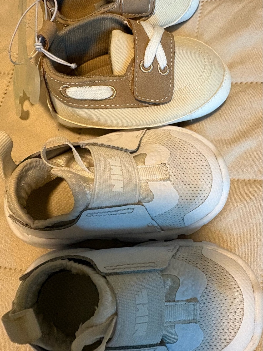 Nike Kids White and Tan Velcro Sneakers